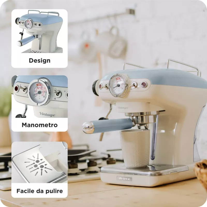 Ariete 1389 Vintage Espresso kavos aparatas - Espreso kavos aparatas maltai kavai arba ESE kapsulėms, pastelinės mėlynos spalvos
