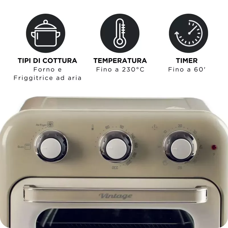 Ariete 4632 Oro gruzdintuvė ir orkaitė Vintage, 1400W, 2in1, Talpa 16L, Priedai, Laikmatis 60 min., Dvigubas stiklas, Smėlio spalvos