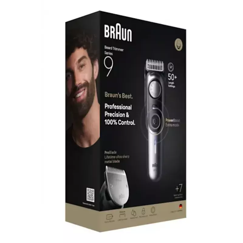 Braun BeardTrimmer 9 BT9520 barzdaskutė Baterija 52 2 cm Drėgnas ir sausas Juoda, Pilka