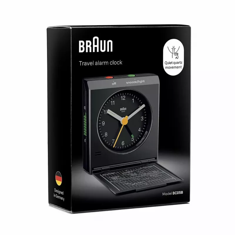 Žadintuvas BRAUN BC 05 B kvarcinis sulankstomas juodas — kompaktiškas kelioninis žadintuvas su kvarciniu mechanizmu