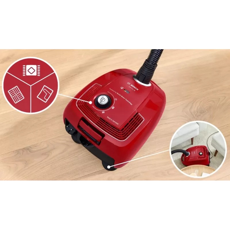 Drum vacuum Bosch Serie 4 BGD38RD1H, 600 W, 4 L dulkių maišelis, sausas valymas, raudona