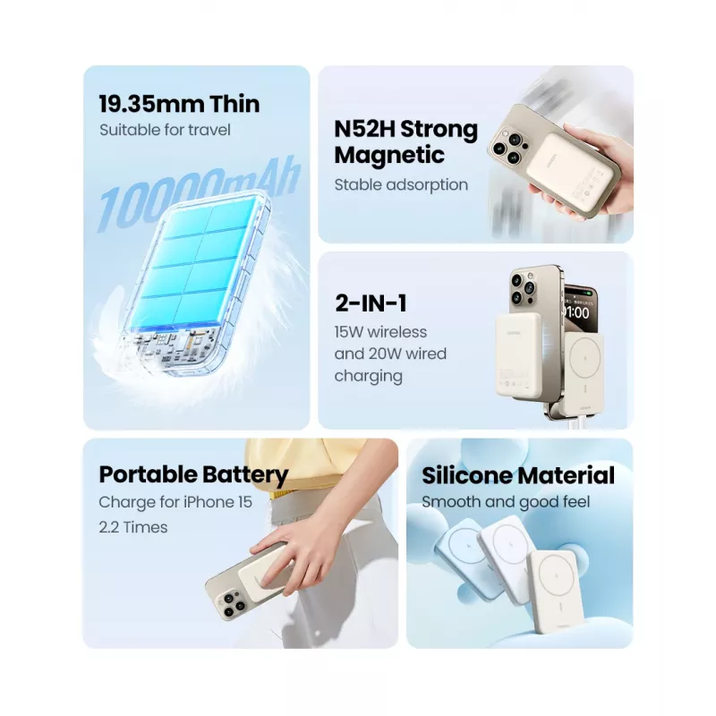 Ugreen 25208 išorinė baterija 10000 mAh belaidis įkrovimas smėlio spalvos