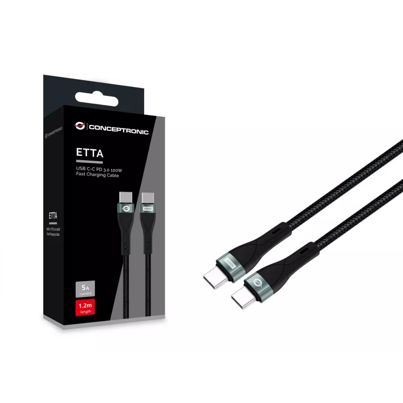 Conceptronic ETTA01B12 USB C-C PD 3.0 100W greito įkrovimo laidas 1,2 m, 20V 5A, 480Mbps, E-Mark