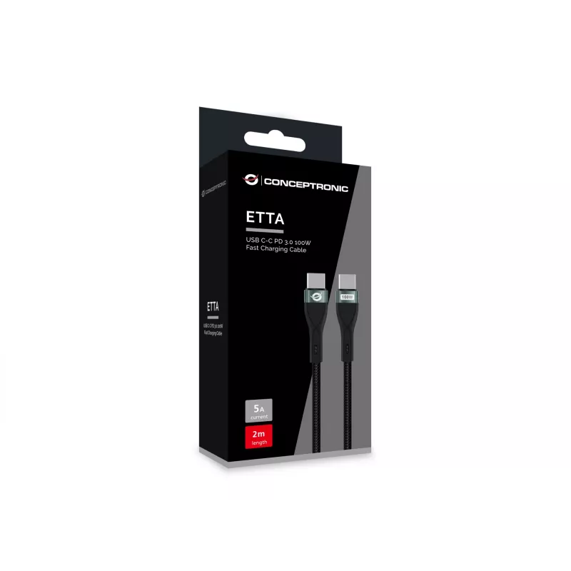 Conceptronic ETTA01B20 USB C-C PD 3.0 100W greito įkrovimo laidas 2 m, 20V 5A, 480Mbps, E-Mark
