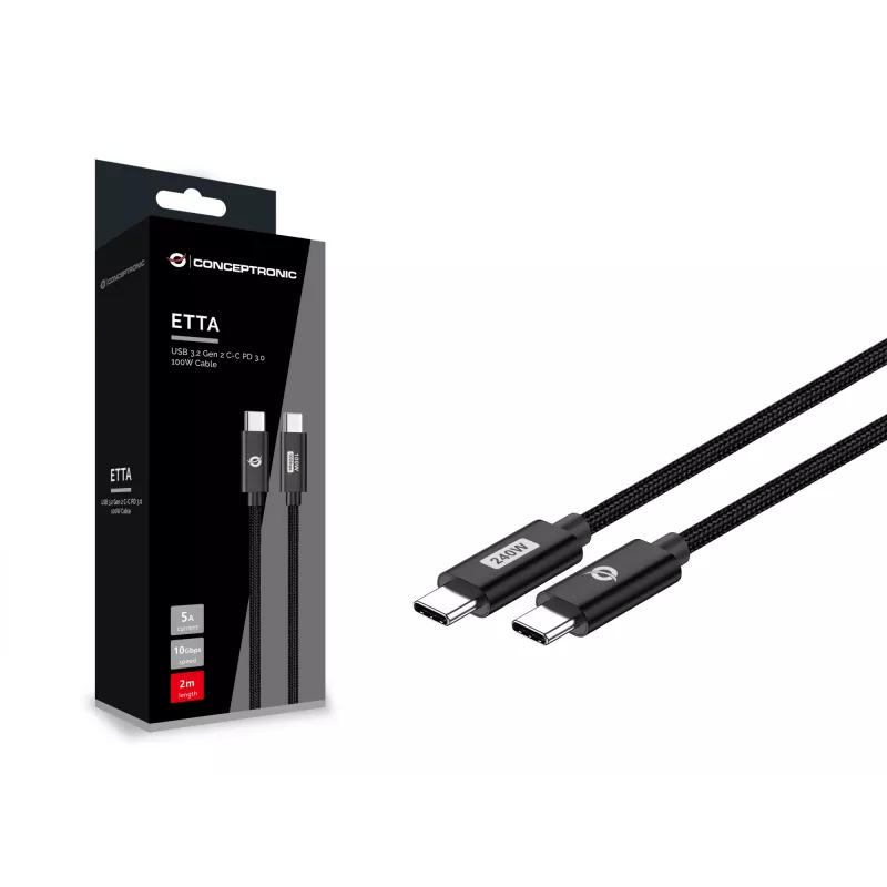 Conceptronic ETTA03B12 USB C-C PD 3.1 240W greitojo įkrovimo laidas 1,2 m, 48V 5A, 480Mbps, E-Mark
