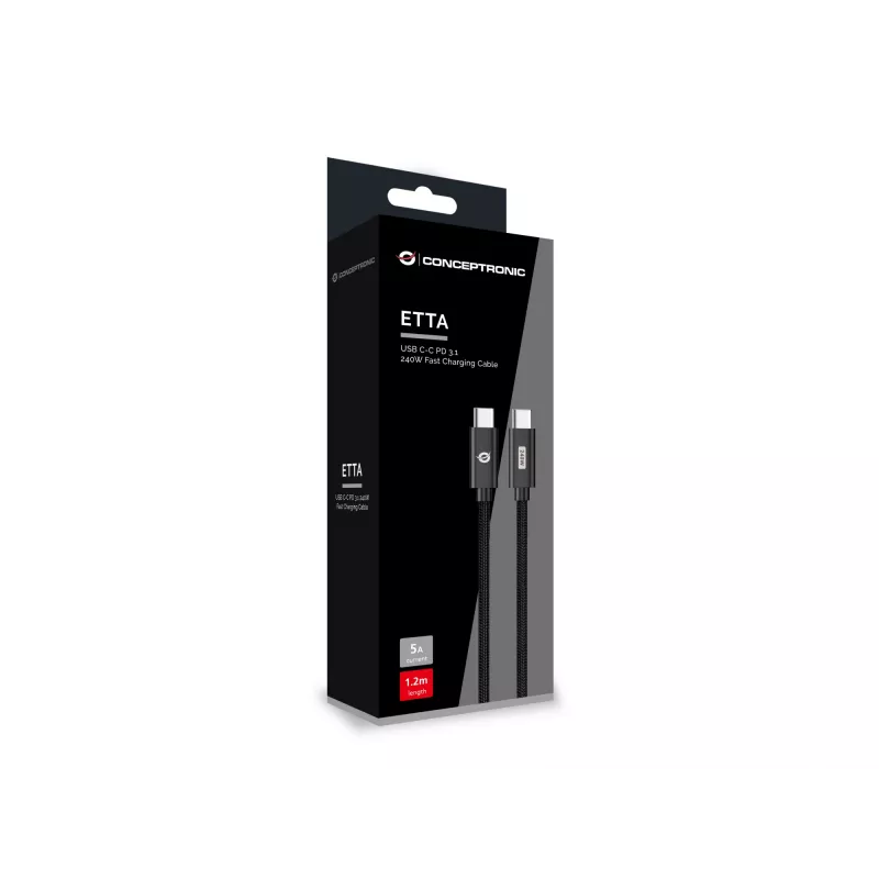 Conceptronic ETTA03B12 USB C-C PD 3.1 240W greitojo įkrovimo laidas 1,2 m, 48V 5A, 480Mbps, E-Mark