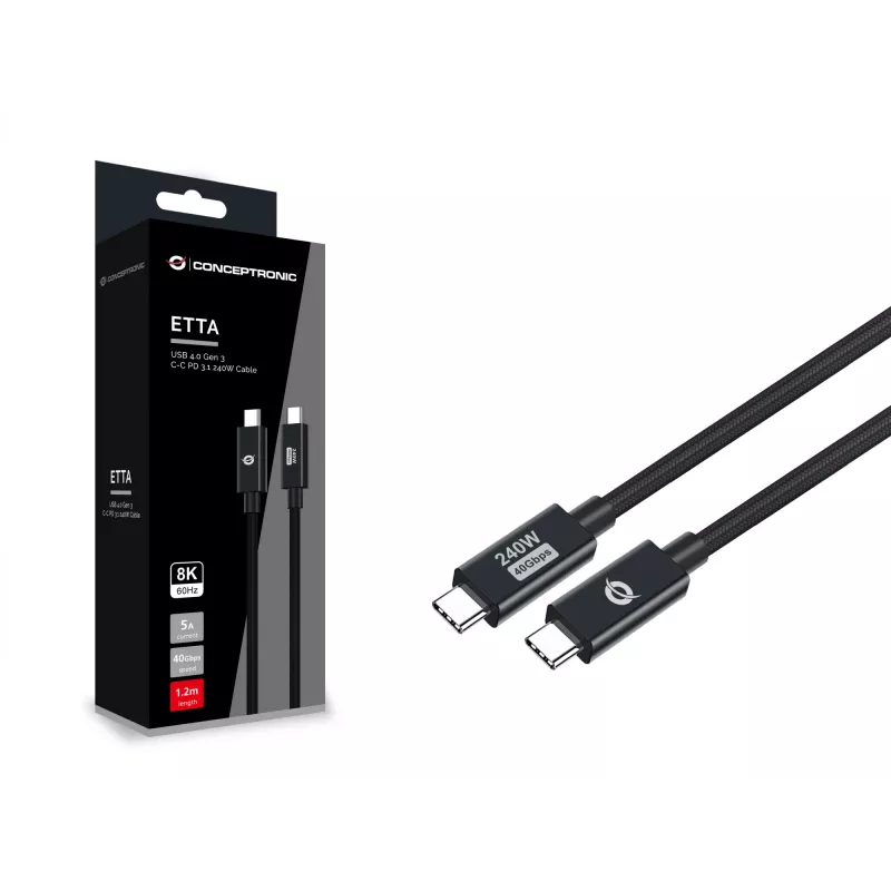Conceptronic ETTA04B12 USB 4.0 Gen 3 C-C PD 3.1 240 W laidas 1,2 m, 48 V 5 A, 40 Gbps, E-Mark