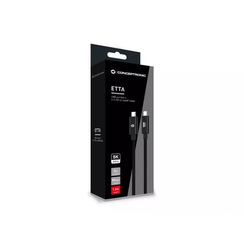 Conceptronic ETTA04B12 USB 4.0 Gen 3 C-C PD 3.1 240 W laidas 1,2 m, 48 V 5 A, 40 Gbps, E-Mark