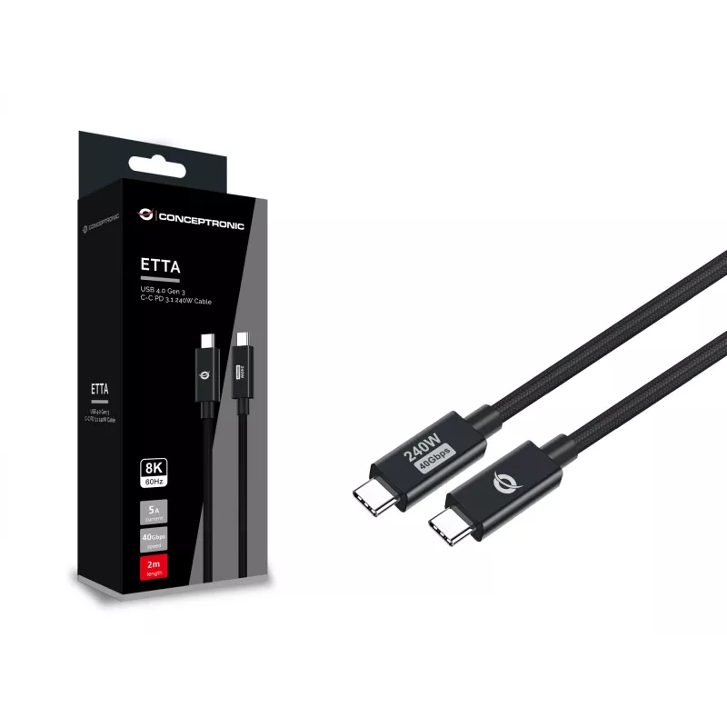 Conceptronic ETTA04B20 USB 4.0 Gen 3 C-C PD 3.1 240W laidas 2 m, 48 V 5 A, 40 Gbps, E-Mark