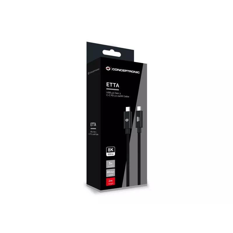 Conceptronic ETTA04B20 USB 4.0 Gen 3 C-C PD 3.1 240W laidas 2 m, 48 V 5 A, 40 Gbps, E-Mark