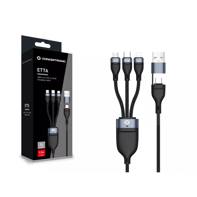 “Conceptronic ETTA05B15” USB 3-in-1 PD 3.0 60W įkrovimo laidas 1,5 m, 20V 3A, 480Mbps