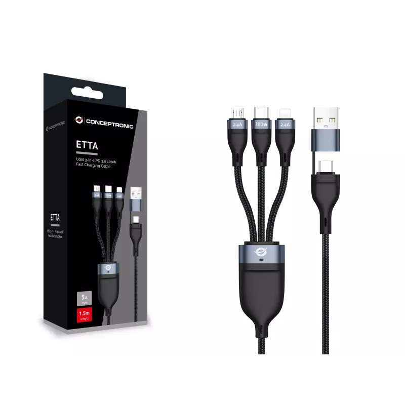 Conceptronic ETTA06B15 USB 3-in-1 PD 3.0 100W greito įkrovimo laidas 1,5 m, 20 V 5 A, 480 Mbps, E-Mark