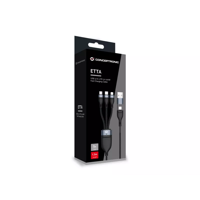 Conceptronic ETTA06B15 USB 3-in-1 PD 3.0 100W greito įkrovimo laidas 1,5 m, 20 V 5 A, 480 Mbps, E-Mark