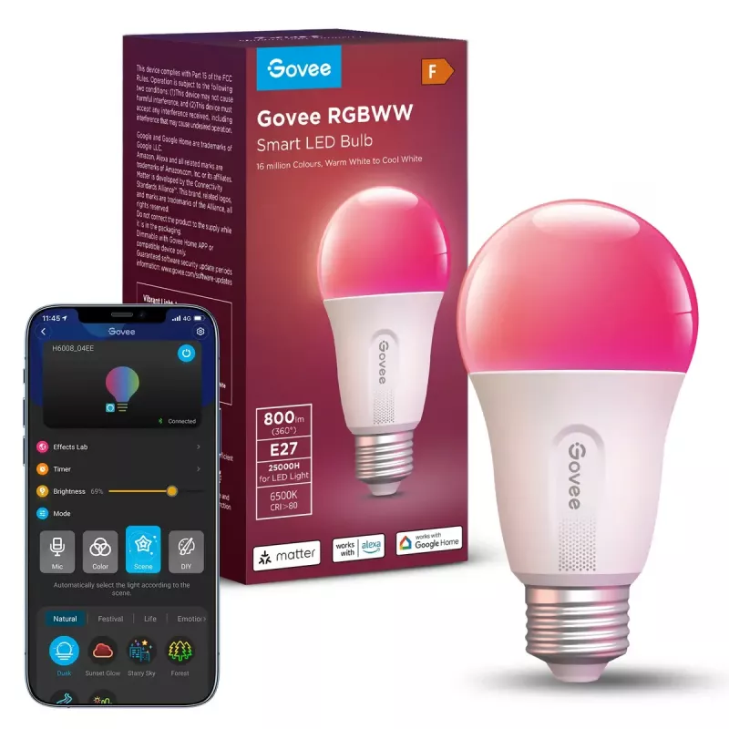 Išmanioji lemputė Govee Smart Wifi&BLE Light Bulb 800 lm — E27, 9 W, Wi‑Fi/Bluetooth, balta