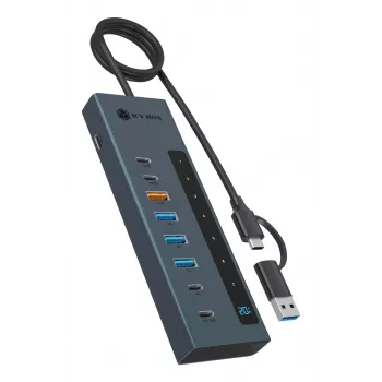 RAIDSONIC ICY BOX 9-in-1 šakotuvas su maitinimo tiekimu, USB 3.2 Gen 2 Type-C/Type-A priegloba, aliuminis, mėlynas