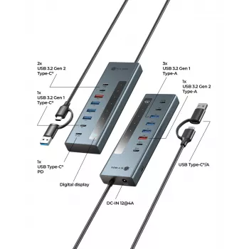 RAIDSONIC ICY BOX 9-in-1 šakotuvas su maitinimo tiekimu, USB 3.2 Gen 2 Type-C/Type-A priegloba, aliuminis, mėlynas