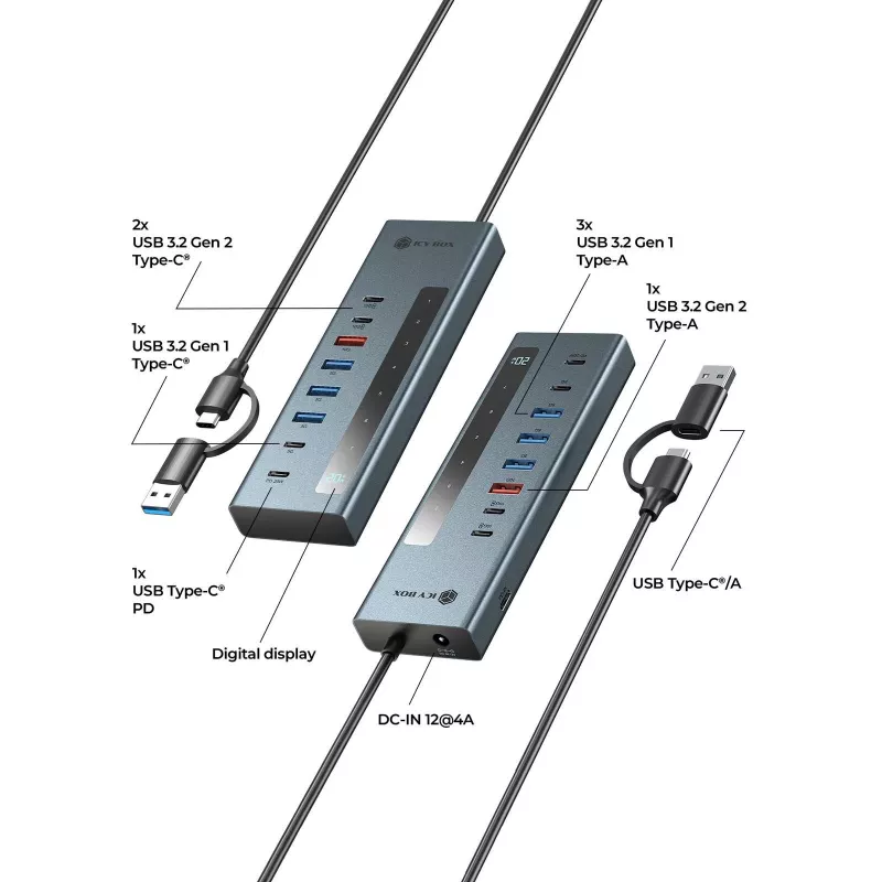 RAIDSONIC ICY BOX 9-in-1 šakotuvas su maitinimo tiekimu, USB 3.2 Gen 2 Type-C/Type-A priegloba, aliuminis, mėlynas