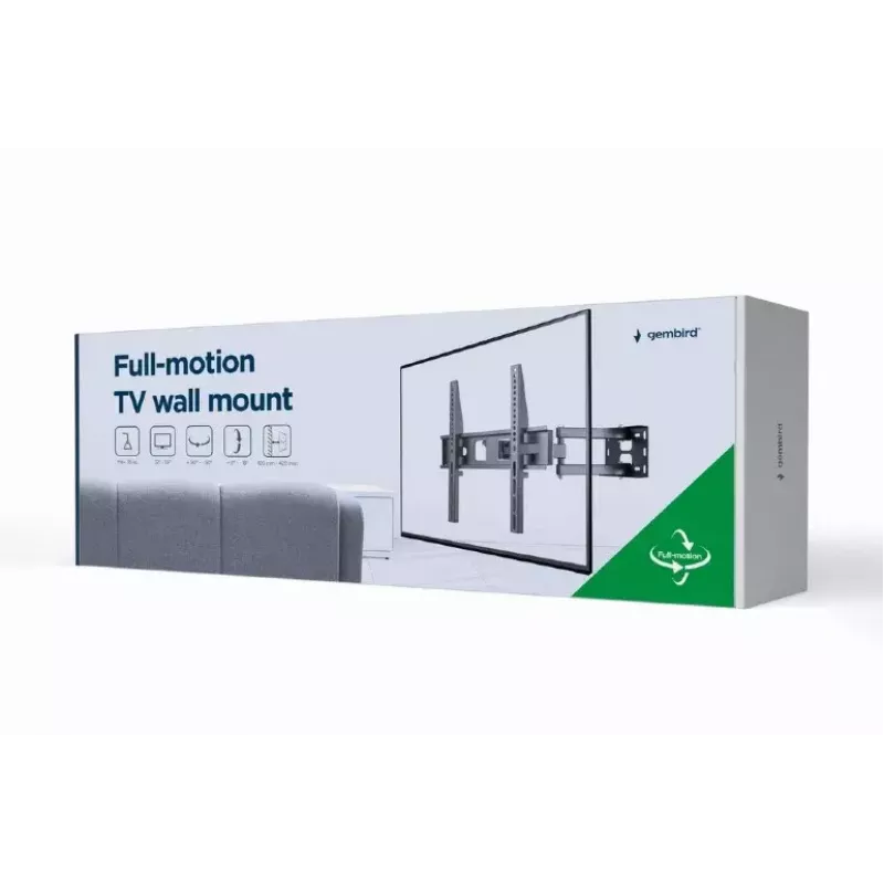 TV laikiklis prie sienos Gembird WM-55ST-03 32–55 colių ekranams, VESA iki 400x400, pasvirimas -18°/5°, pasukimas ±90°, maks. apkrova 35 kg, juodas