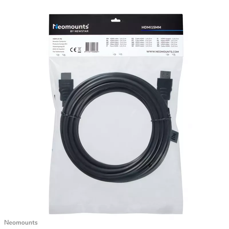 Neomounts HDMI15MM HDMI laidas - 5 metrai, 5 m, HDMI A tipo (standartinis), HDMI A tipo (standartinis), 10,2 Gbit/s, juoda