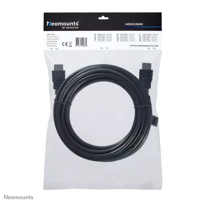 Neomounts HDMI15MM HDMI laidas - 5 metrai, 5 m, HDMI A tipo (standartinis), HDMI A tipo (standartinis), 10,2 Gbit/s, juoda