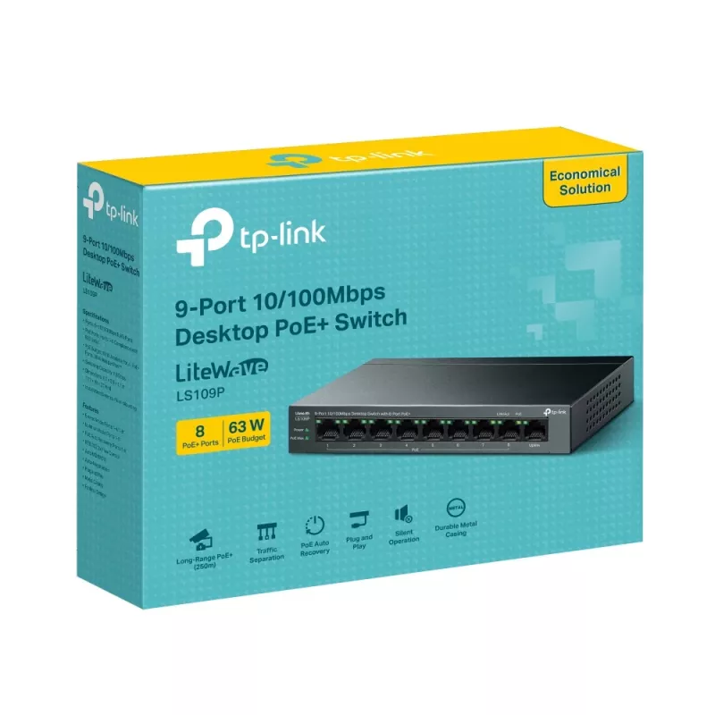 TP-Link LiteWave LS109P tinklo komutatorius Nevaldomas Fast Ethernet (10/100) „Power over Ethernet“ (PoE) Juodas