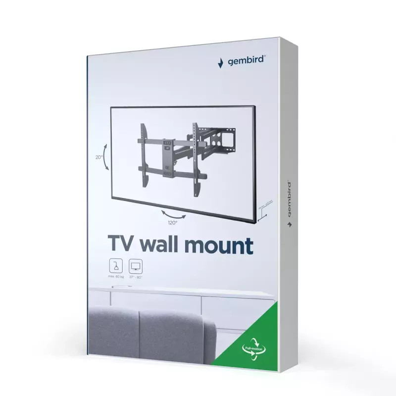 Sieninis TV laikiklis Gembird WM-80ST-02 — fiksuotas/palenkiamas, 37 col.–80 col., VESA iki 600x400, 60 kg, juodas
