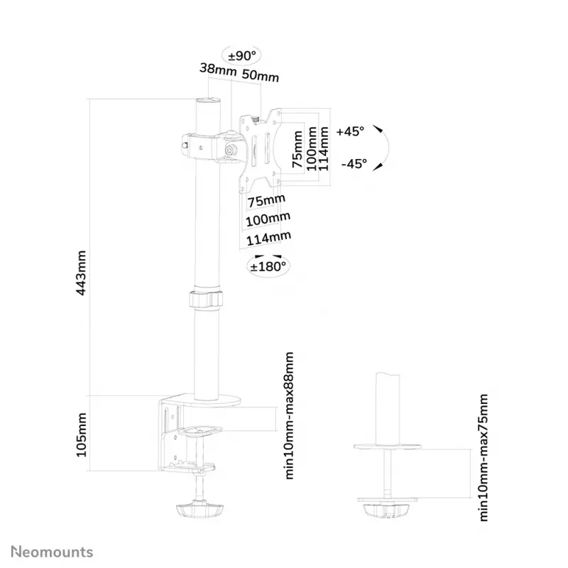 Neomounts FPMA-D510Juoda monitoriaus rankena 10-32 col., Spaustuvas/Įvorinis tvirtinimas, 8 kg, 25,4 cm (10 col.), 81,3 cm (32 col.), 100 x 100 mm, Juoda