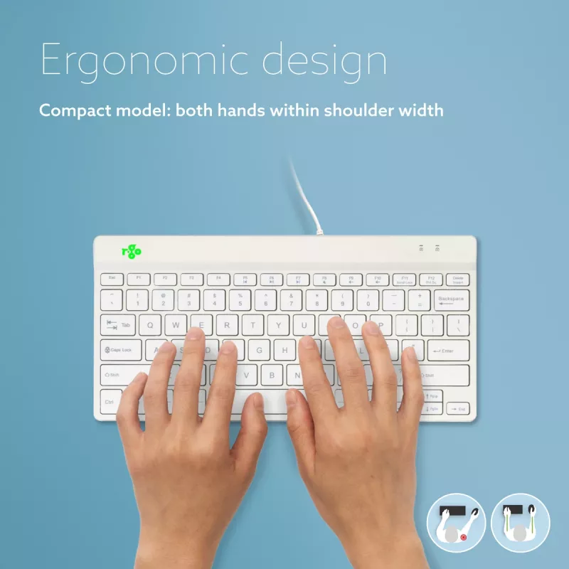 R-Go Tools ergonominė klaviatūra R-Go Compact Break, kompaktiška klaviatūra su pertraukų programine įranga, QWERTY (US), laidinė, balta
