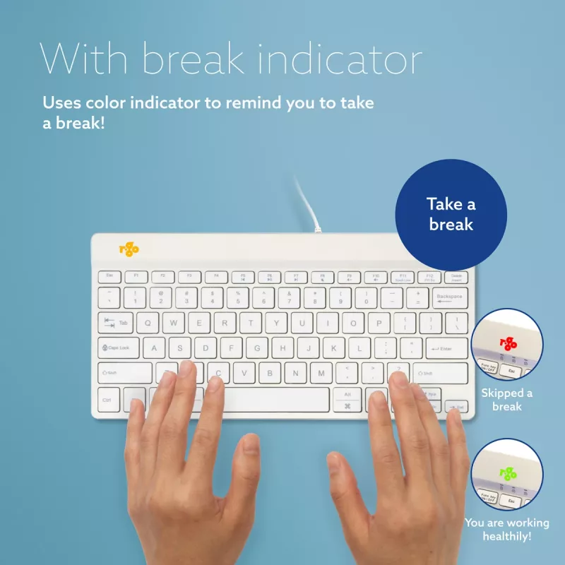 R-Go Tools ergonominė klaviatūra R-Go Compact Break, kompaktiška klaviatūra su pertraukų programine įranga, QWERTY (US), laidinė, balta
