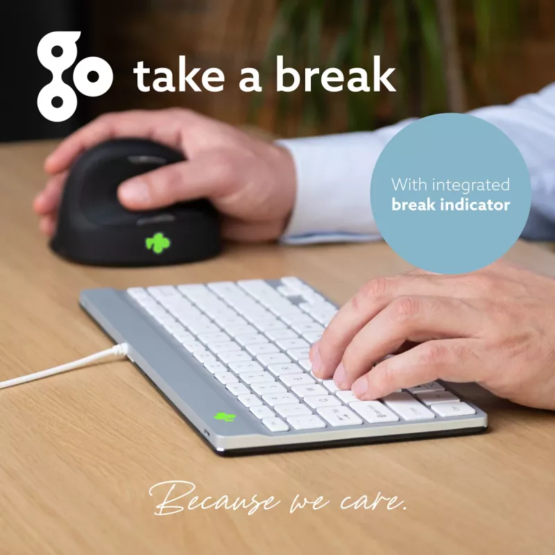 R-Go Tools ergonominė klaviatūra R-Go Compact Break, kompaktiška klaviatūra su pertraukų programine įranga, QWERTY (US), laidinė, balta