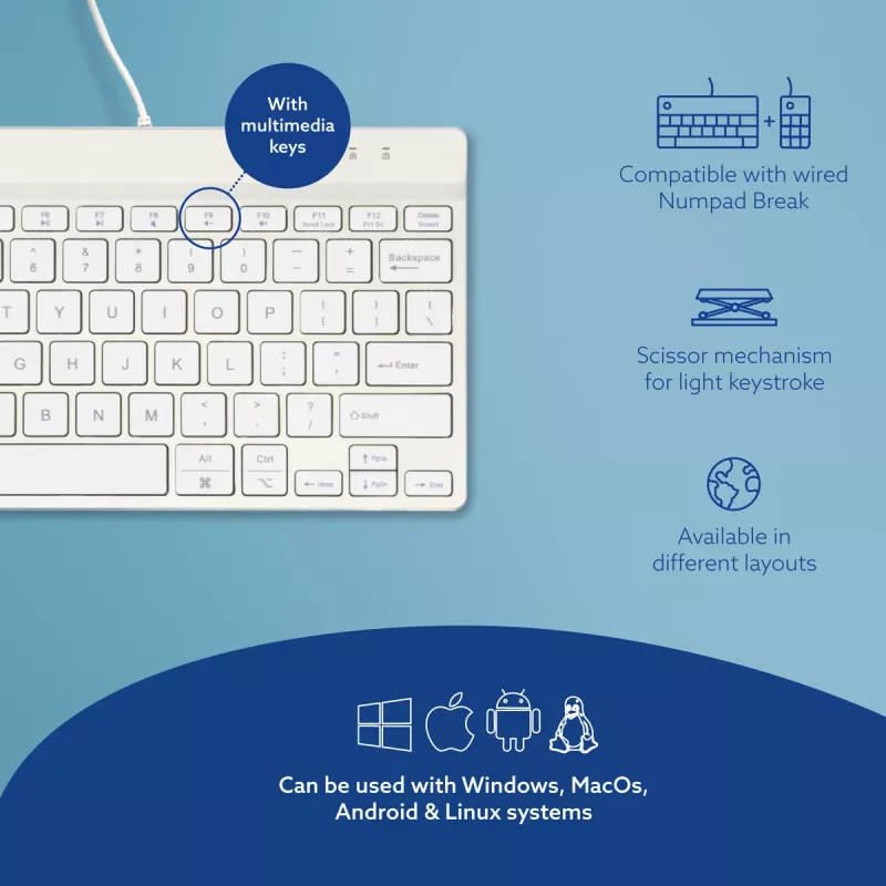 R-Go Tools ergonominė klaviatūra R-Go Compact Break, kompaktiška klaviatūra su pertraukų programine įranga, QWERTY (US), laidinė, balta