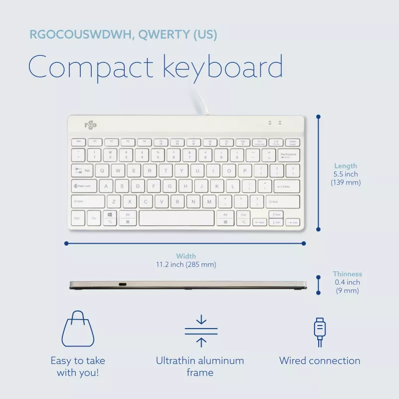 R-Go Tools ergonominė klaviatūra R-Go Compact Break, kompaktiška klaviatūra su pertraukų programine įranga, QWERTY (US), laidinė, balta