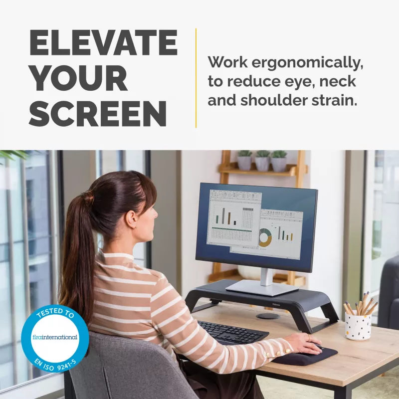 Fellowes kompiuterio monitoriaus stovas su 3 aukščio reguliavimais - Hana LT monitoriaus pakėlimo stovas - ergonomiškas reguliuojamas monitoriaus stovas kompiuteriams - maks. svoris 22,6 kg - juoda