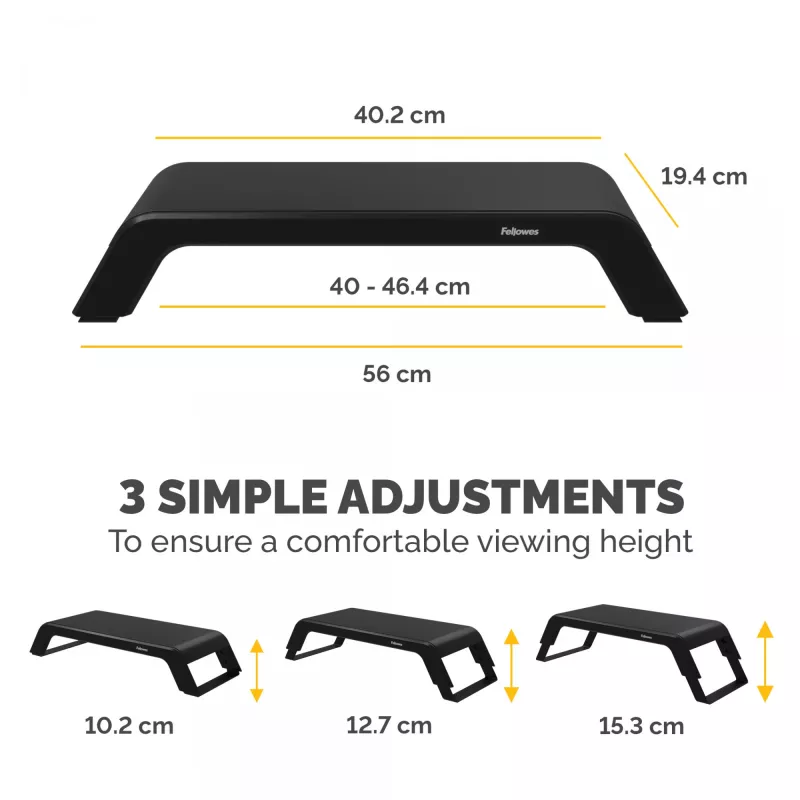 Fellowes kompiuterio monitoriaus stovas su 3 aukščio reguliavimais - Hana LT monitoriaus pakėlimo stovas - ergonomiškas reguliuojamas monitoriaus stovas kompiuteriams - maks. svoris 22,6 kg - juoda