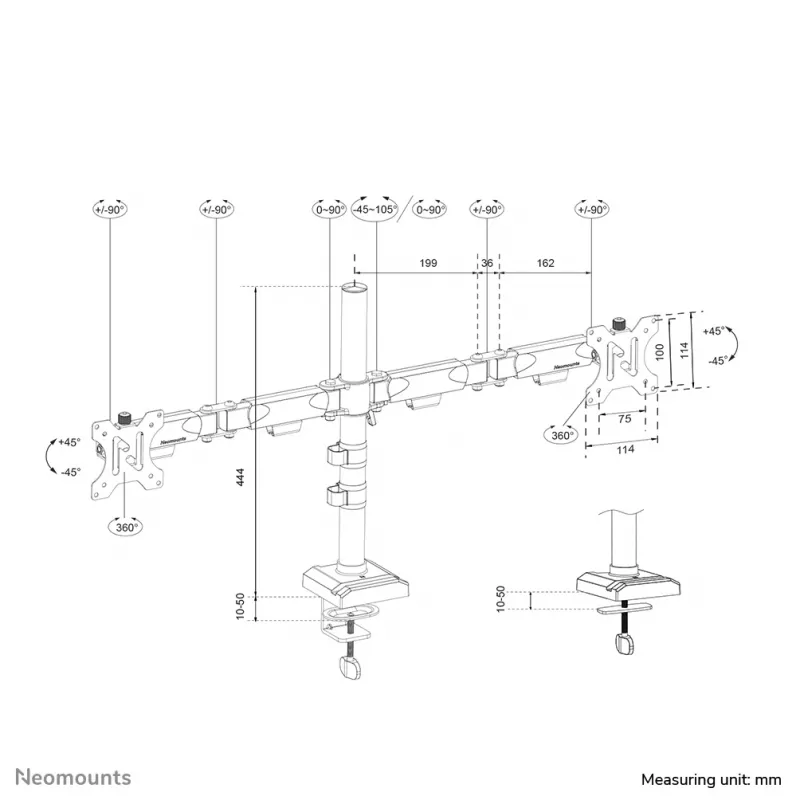 Neomounts DS60-600BL2 Monitorio laikiklis 10–32 colių - Greitas užfiksavimas - 180° stabdymas