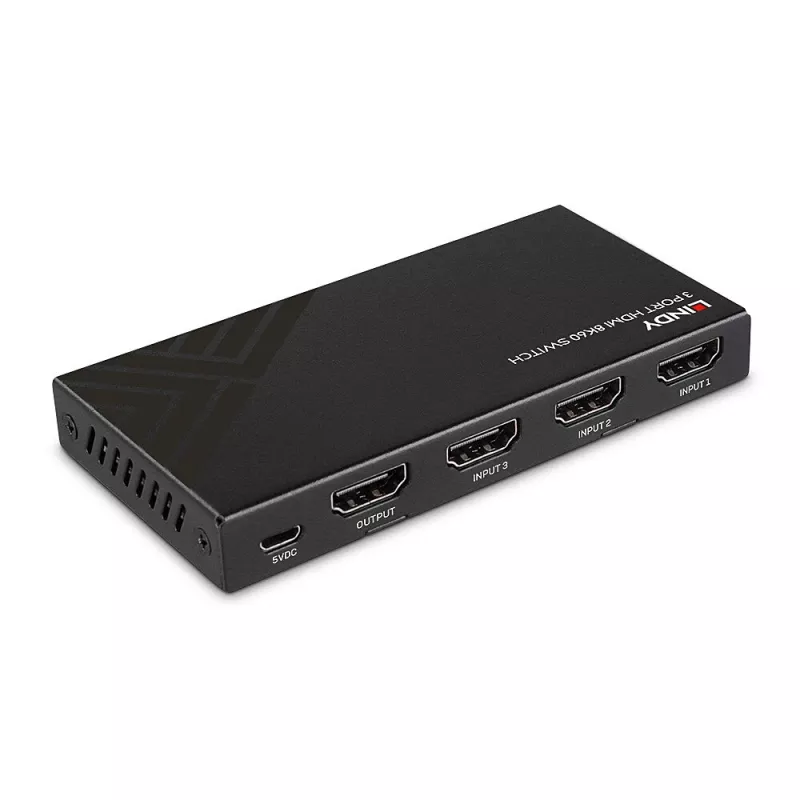 Lindy 3 prievadų HDMI 8K60 jungiklis HDMI USB Micro-USB juodas 4320p 48 Gbit/s
