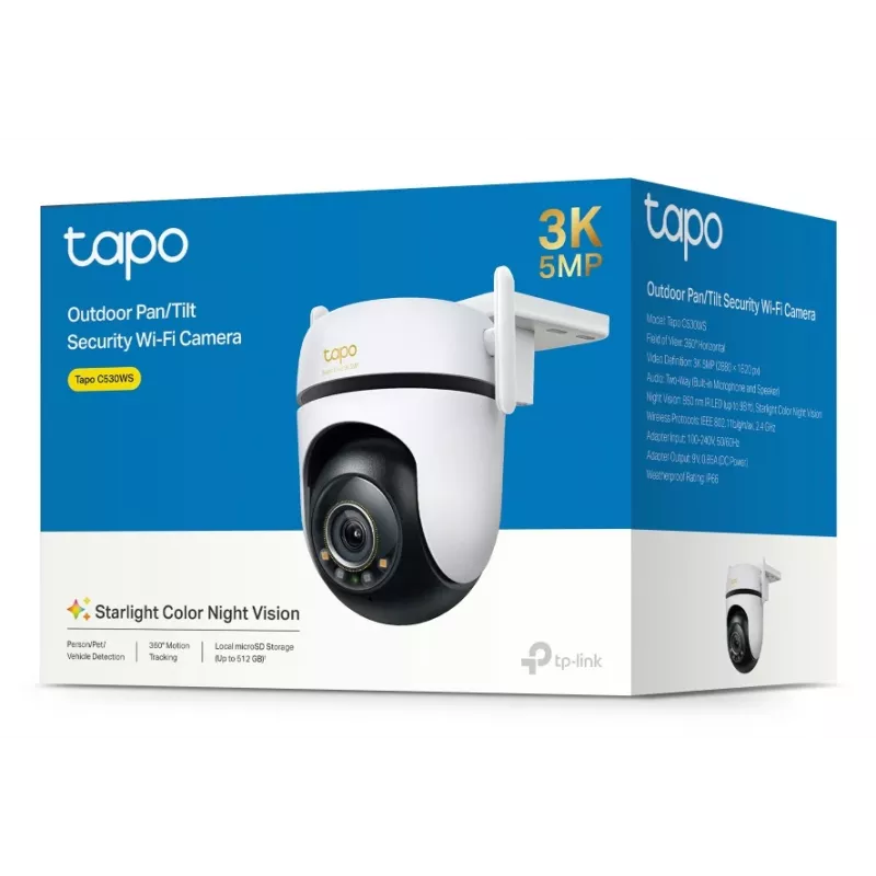 TP-Link lauko PTZ apsaugos „Wi-Fi“ kamera SPEC: 3K 5MP (2880x1620), 2,4 GHz, 2 × išorinės antenos, 1 × Ethernet prievadas, horizontalus 360°