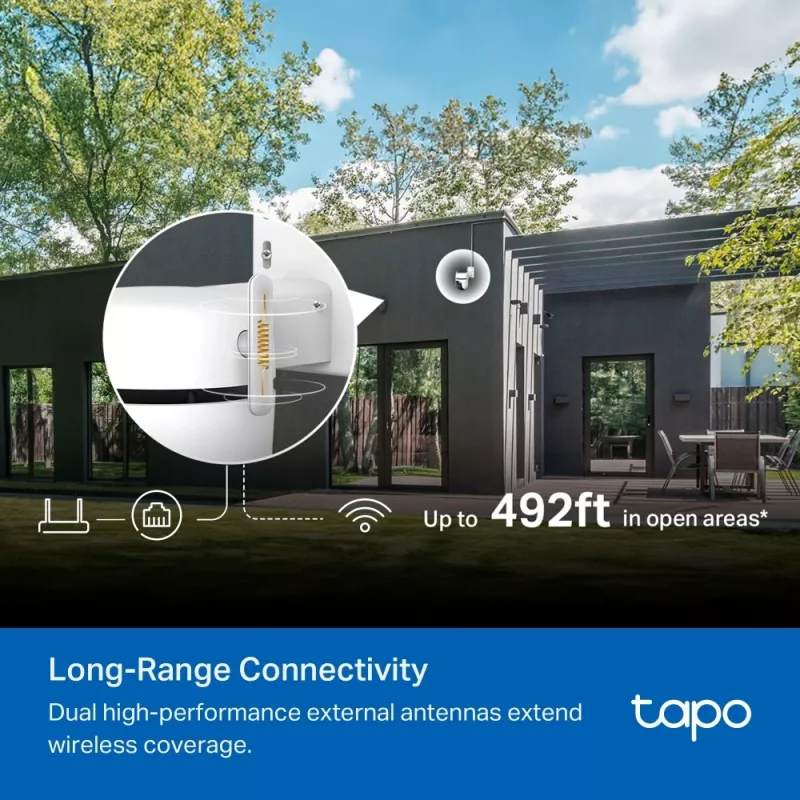 TP-Link lauko PTZ apsaugos „Wi-Fi“ kamera SPEC: 3K 5MP (2880x1620), 2,4 GHz, 2 × išorinės antenos, 1 × Ethernet prievadas, horizontalus 360°