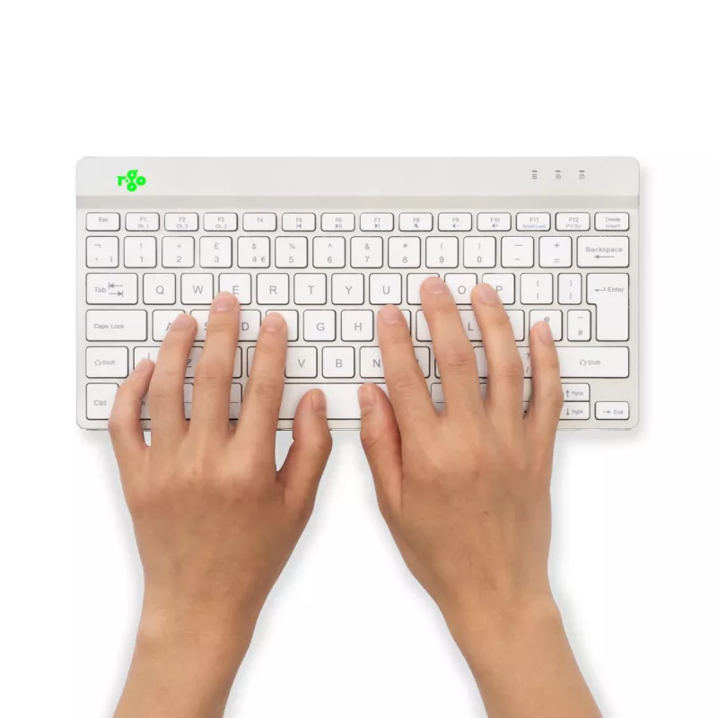 R-Go Tools ergonominė klaviatūra R-Go Compact Break, kompaktiška klaviatūra su pertraukų programine įranga, QWERTY (US), Bluetooth, balta