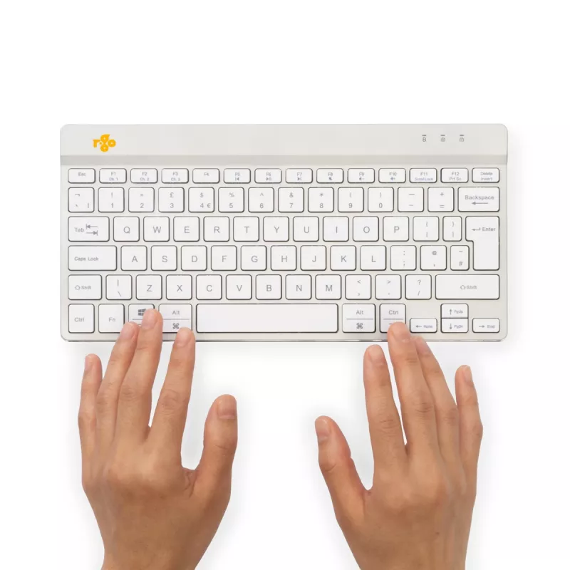 R-Go Tools ergonominė klaviatūra R-Go Compact Break, kompaktiška klaviatūra su pertraukų programine įranga, QWERTY (US), Bluetooth, balta