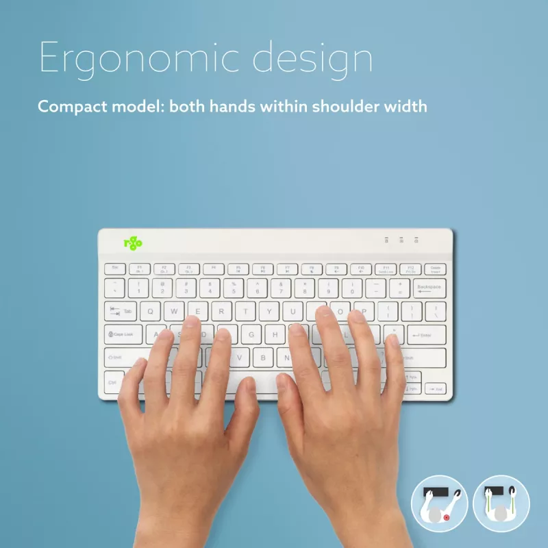 R-Go Tools ergonominė klaviatūra R-Go Compact Break, kompaktiška klaviatūra su pertraukų programine įranga, QWERTY (US), Bluetooth, balta