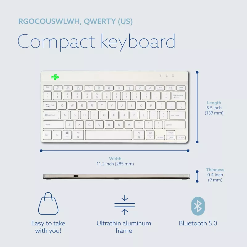 R-Go Tools ergonominė klaviatūra R-Go Compact Break, kompaktiška klaviatūra su pertraukų programine įranga, QWERTY (US), Bluetooth, balta