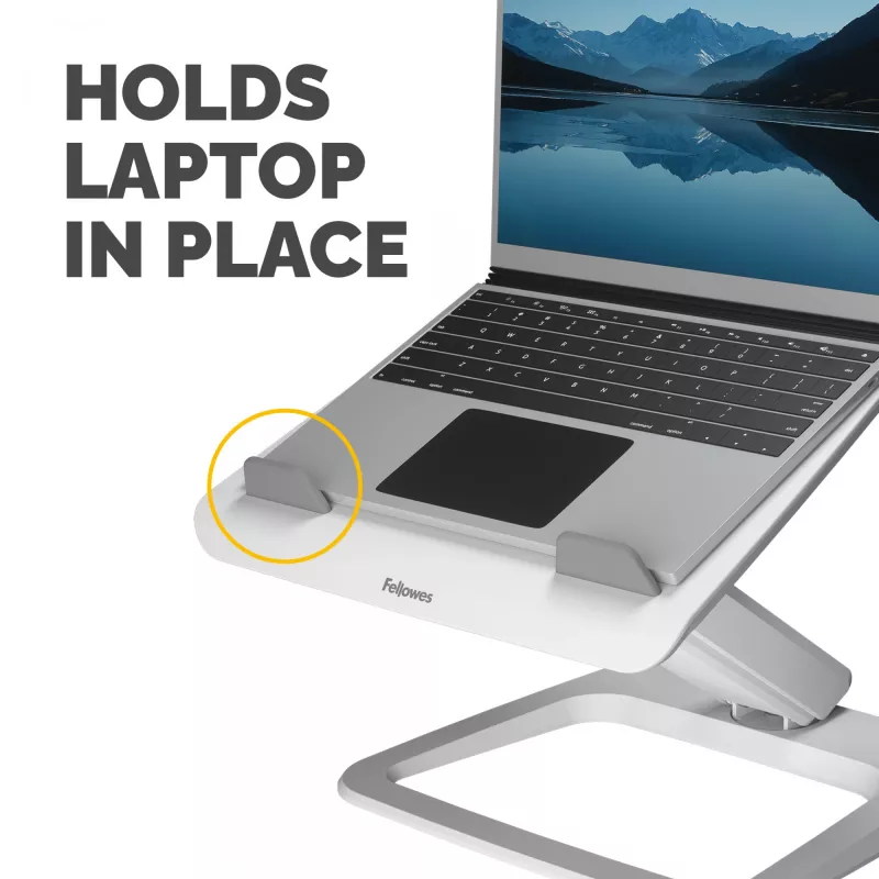 „Fellowes“ nešiojamojo kompiuterio stovas stalui – „Hana LT“ nešiojamojo kompiuterio stovas namams ir biurui – reguliuojamas nešiojamojo kompiuterio stovas su 3 aukščio reguliavimais – maks. monitoriaus dydis 19 colių, maks. svoris 4,5 kg – balta