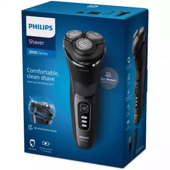 Elektrinis rotacinis barzdaskutė Philips 3000 Series S3244/12 – 3 galvutės, Wet & Dry, Li‑Ion, 60 min veikimo laikas, iššokantis kirpiklis, plaunamas, juodas