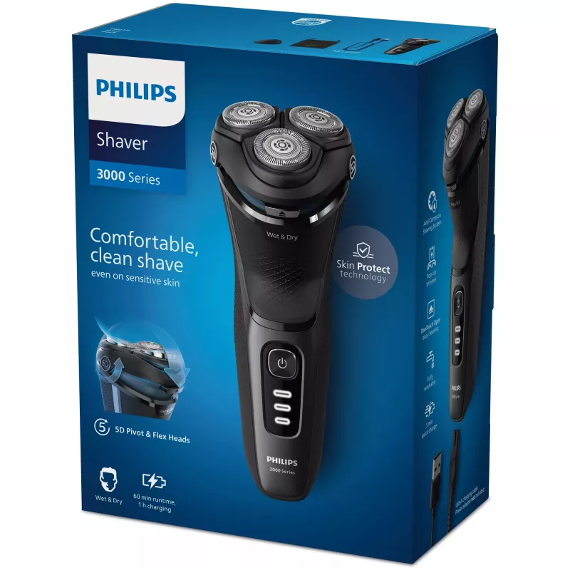 Elektrinis rotacinis barzdaskutė Philips 3000 Series S3244/12 – 3 galvutės, Wet & Dry, Li‑Ion, 60 min veikimo laikas, iššokantis kirpiklis, plaunamas, juodas