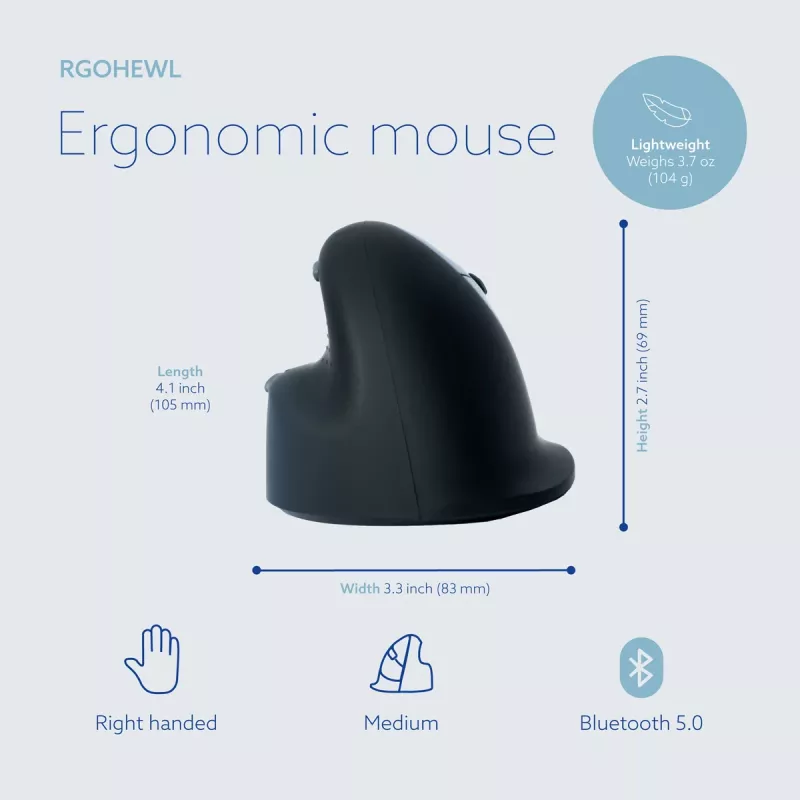 R-Go Tools ergonominė pelė R-Go HE Break su pertraukų programine įranga, vidutinė (plaštakos dydis 165-185 mm), dešiniarankiams, Bluetooth, juoda