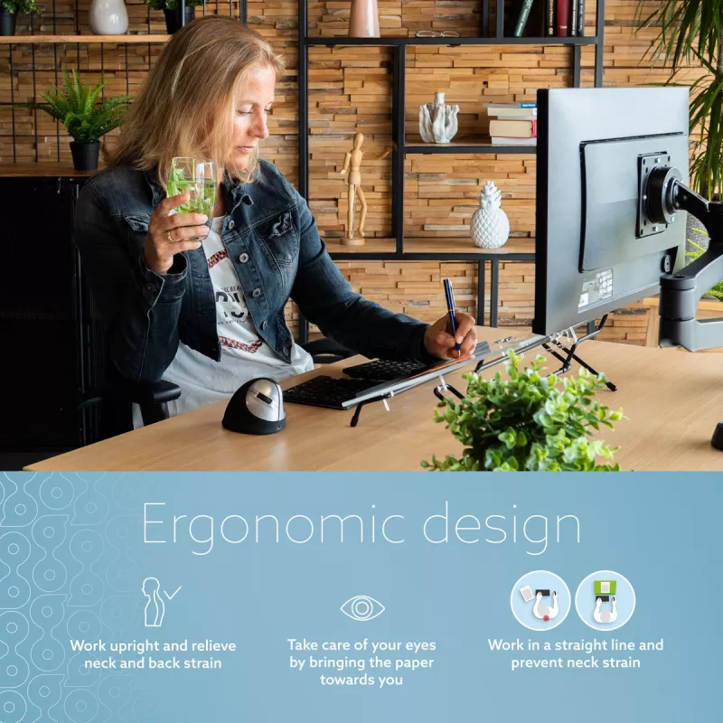 R-Go Tools dokumentų laikiklis R-Go Flex Read, ergonomiškas, su minkšta porolono riešo atrama, skaidrus akrilas