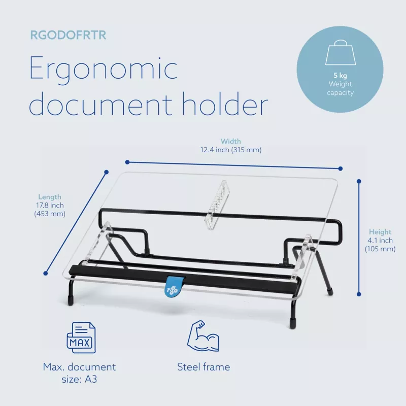 R-Go Tools dokumentų laikiklis R-Go Flex Read, ergonomiškas, su minkšta porolono riešo atrama, skaidrus akrilas