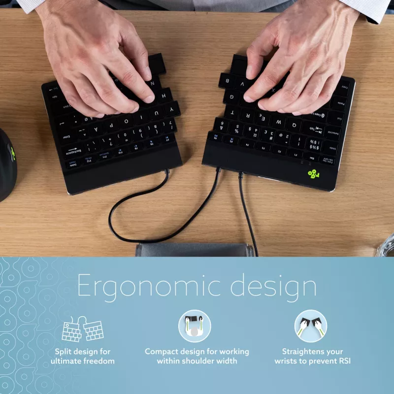 R-Go Tools Ergonominė klaviatūra R-Go Split Break v2 su pertraukų programine įranga, ergonomiška padalyta klaviatūra, QWERTY (UK), laidinė, juoda
