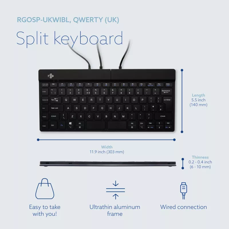 R-Go Tools Ergonominė klaviatūra R-Go Split Break v2 su pertraukų programine įranga, ergonomiška padalyta klaviatūra, QWERTY (UK), laidinė, juoda